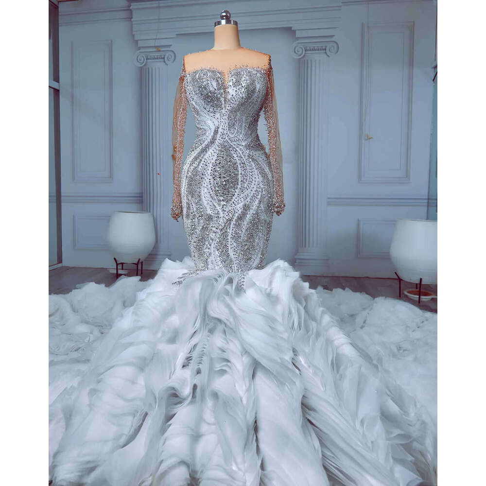 Mermaid Gown Wedding Dresses Ruffles Beading Crystals Long Sleeve Bridal Sweep Train Gowns Big Custom Size Colour