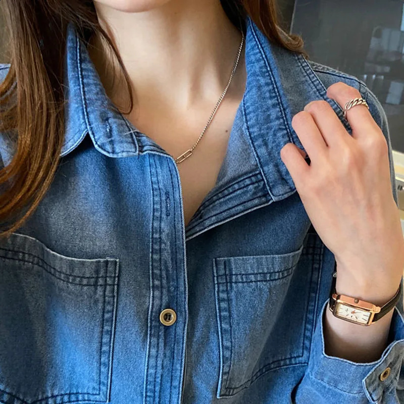 Lucyever Blue Denim Shirt Women Autumn Single-Breasted Jeans Blouses Female Pockets Loose Fashion Lapel Cowboy Blusas 240812