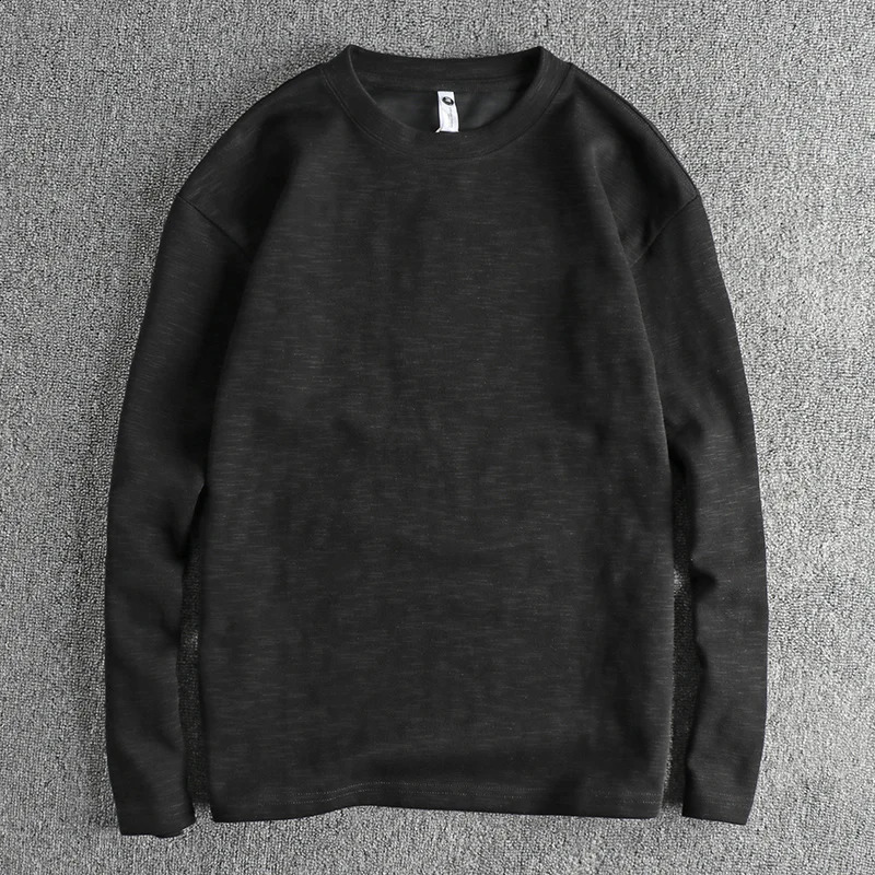 Autumn American Retro 310G Long-sleeved O-neck Knitted Solid Color T-shirt Mens Simple Slub Cotton Washed Casual Youth Tops 240812