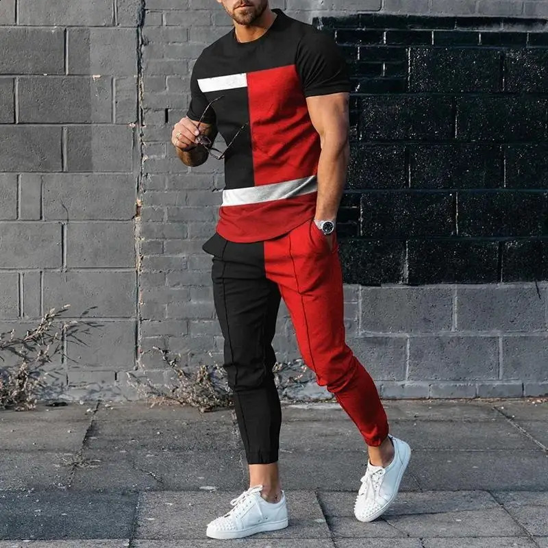 Summer Male Loose Casual Printing T-shirt Elastic Waist Pants Set Men Short Sleeve Street Style Pullover Tee Sweatpants Homme 240813