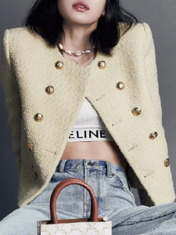 UCXQ Korean Style O Neck Double Breasted Coarse Tweed Short Jacket Elegant Yellow All Match Coat Women Spring Autumn 3A7801 240812