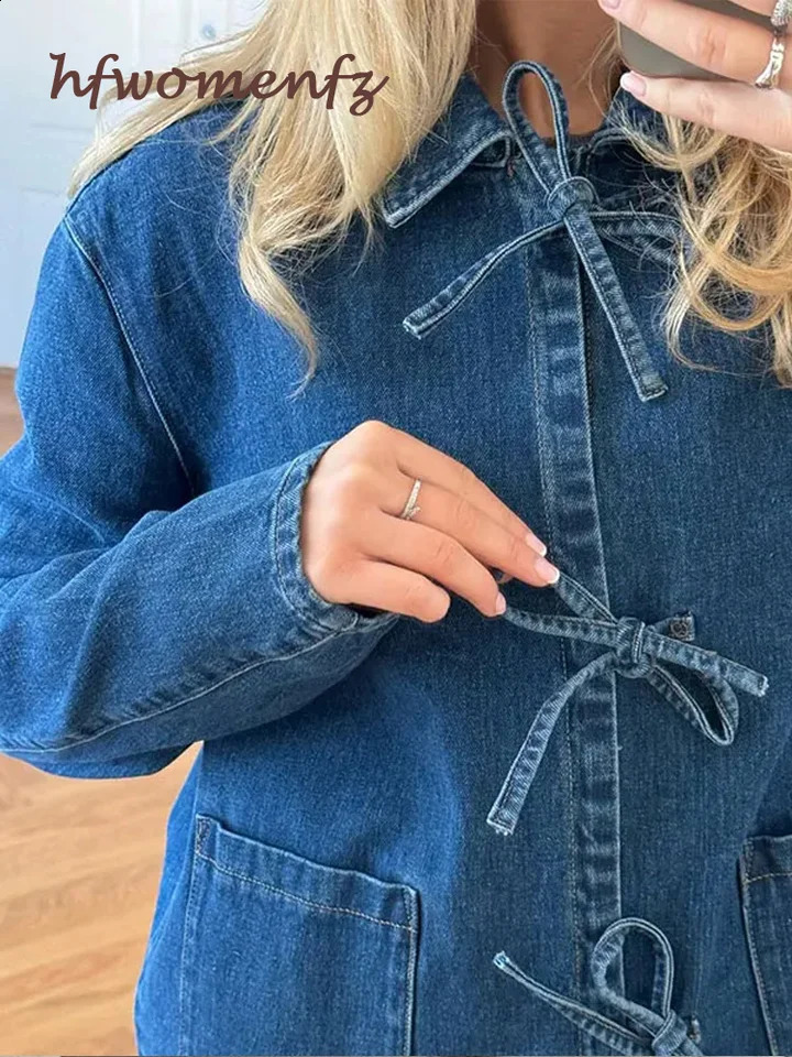 Lace Up Bow Denim Shirt Women Causal Long Sleeve Pocket Turn-down Collar Loose Blouses Top 2024 Spring Solid Office Lady Clothes 240812