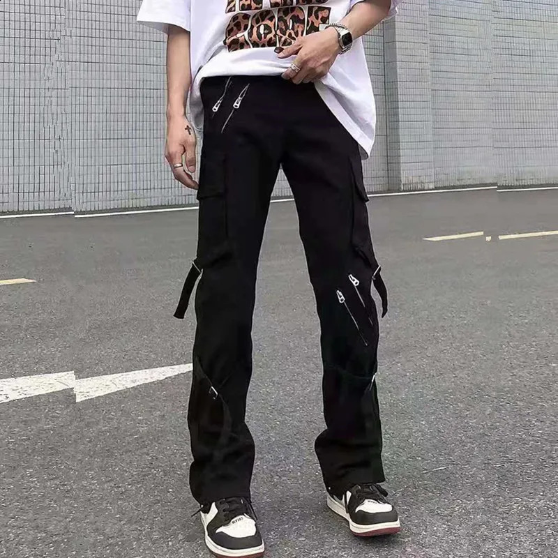 Techwear Mens Y2K Street Clothing Black Cotton Zipper Product Pants Multi Pocket Dance Casual Trousers Retro 240812