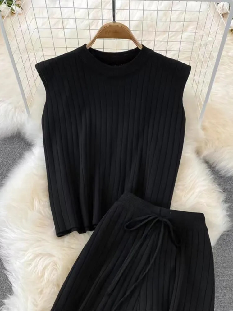 Knitted Autumn 2 Two Piece Set Women Sleeveless Bodycon Modis Ladies Tops High Waist Wide Leg Pants Woman 240813