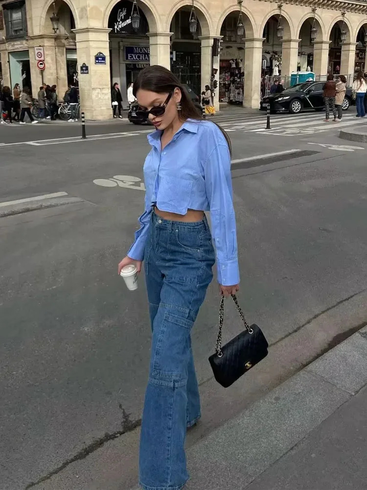 TRAF Womens Cropped Shirt Fashion Woman Blouse White Blue Striped Shirts and Blouses Autumn Long sleeve Short Top 240813