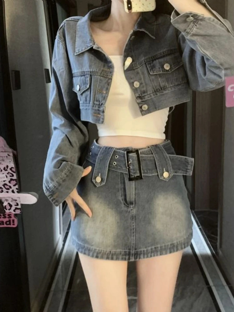 Vintage Denim Suit Woman Slim Casual Short Cardigan Sexy Bodycon Y2k Mini Skirt Elegant Korean Fashion Set 2024 Spring Chic 240812