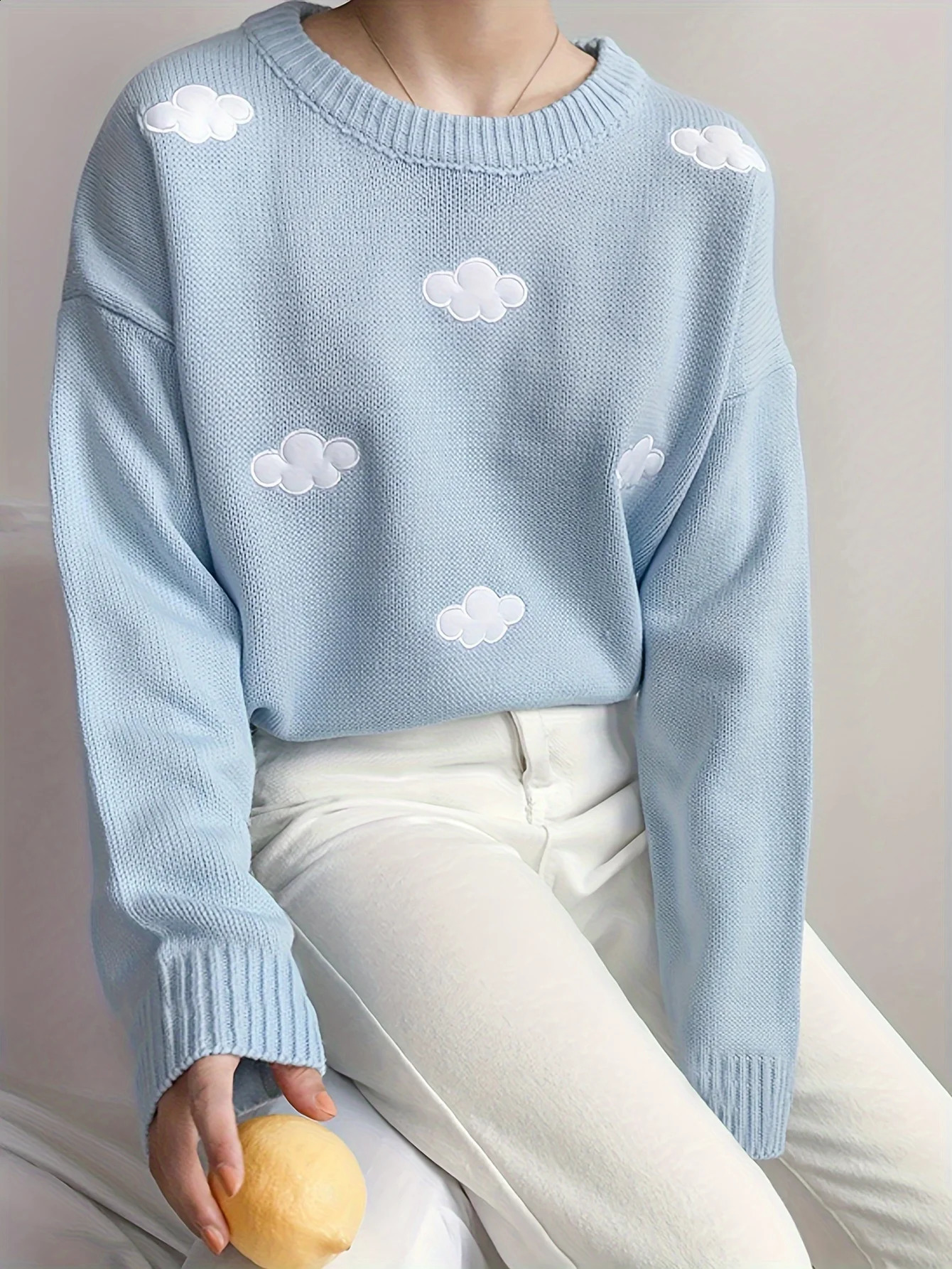 Womens Cute Cloud Embroidered Pullover Knit Sweater Winter Kawaii Preppy Style Crew Neck Knit Sweaters for Female 240812
