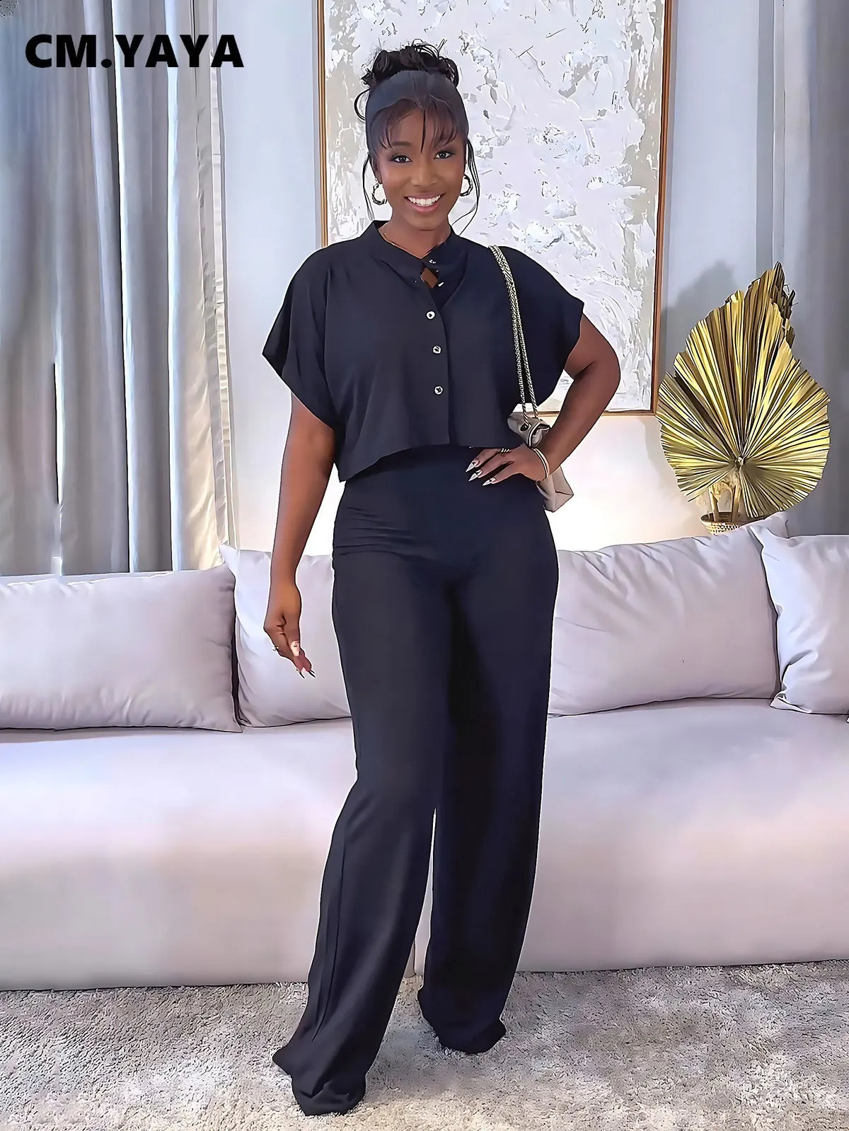 CM.YAYA Street Fashion Womens Set Short Sleeve Shirt and Wide Leg Pants Two 2 Piece Set Outfit Tracksuit 240813