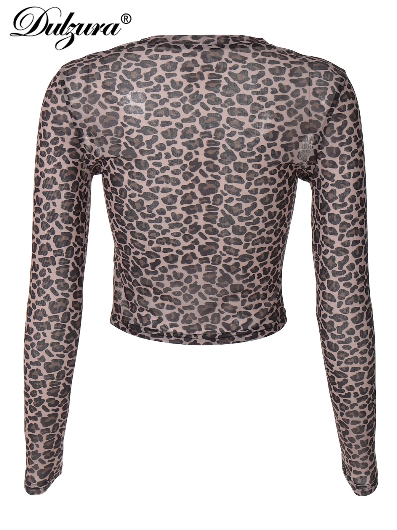 Dulgura sexy long sleeved top mesh Tshirt leopard print tight fitting womens party club casual nightclub Y2K 240812