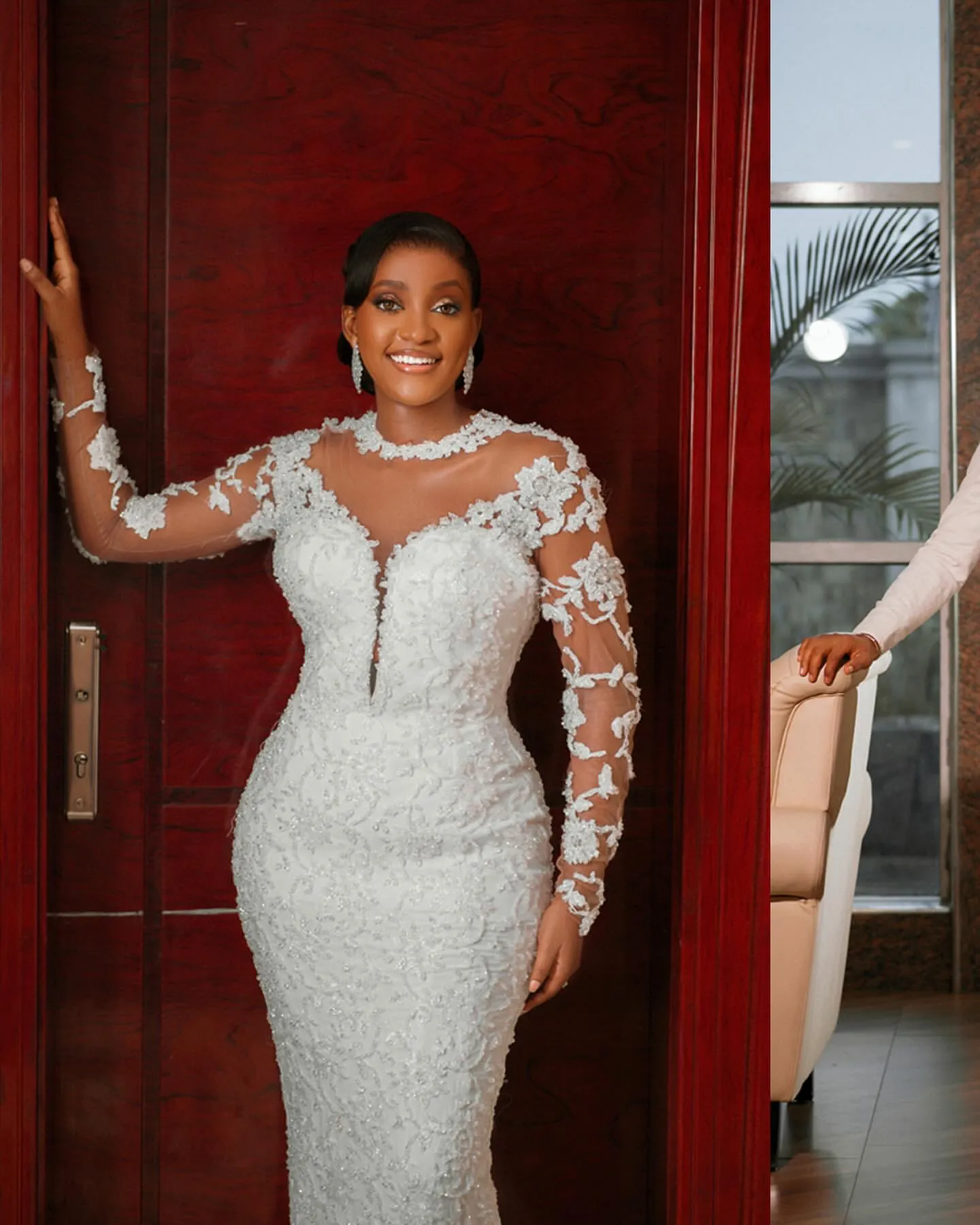 Ivory Lace Mermaid Wedding Dress With Sheer Neck & Long Sleeves - Plus Size Bridal Gown