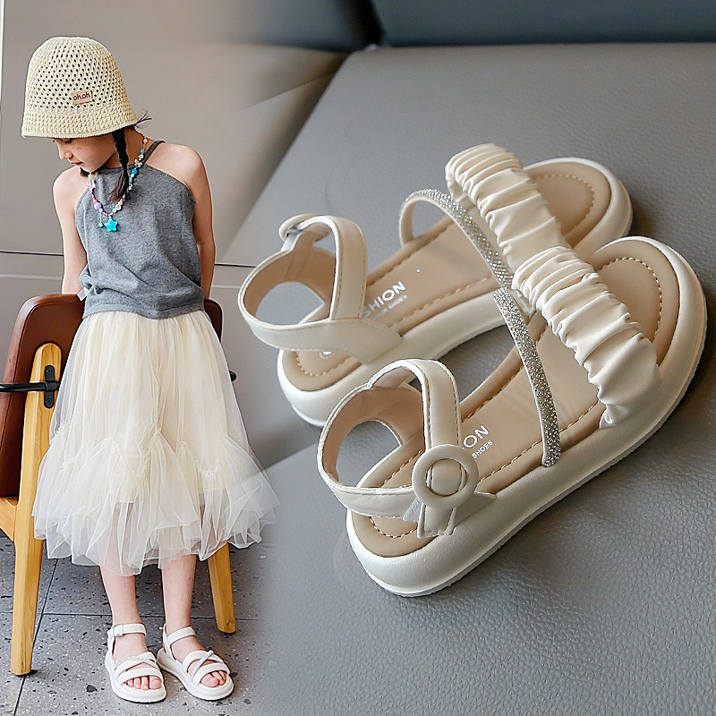 Children Sandals Rhinestones Pleated Chic Princess 2023 New Soft Breatheable Simple Kids Shoes Flat Non-slip Cute Casual R240813