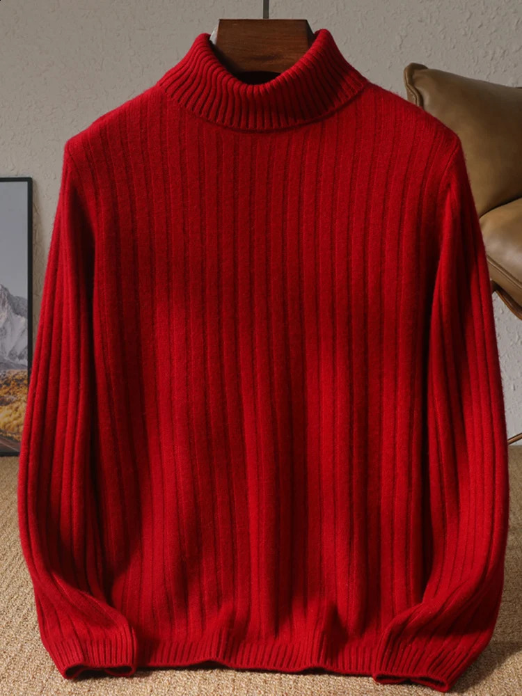 100% wool knitted Pullover mens turtle neck thick sweater business casual long sleeved top loose warm bottom shirt autumn and winter item 240812