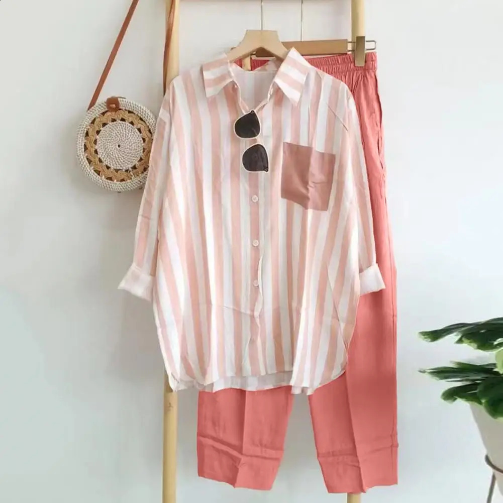 Stripe Long Sleeve Shirt Pants Set Summer Outfits For Women Tracksuit Chic Women Pants And Blouse Sets Female Two Piece Set 240813