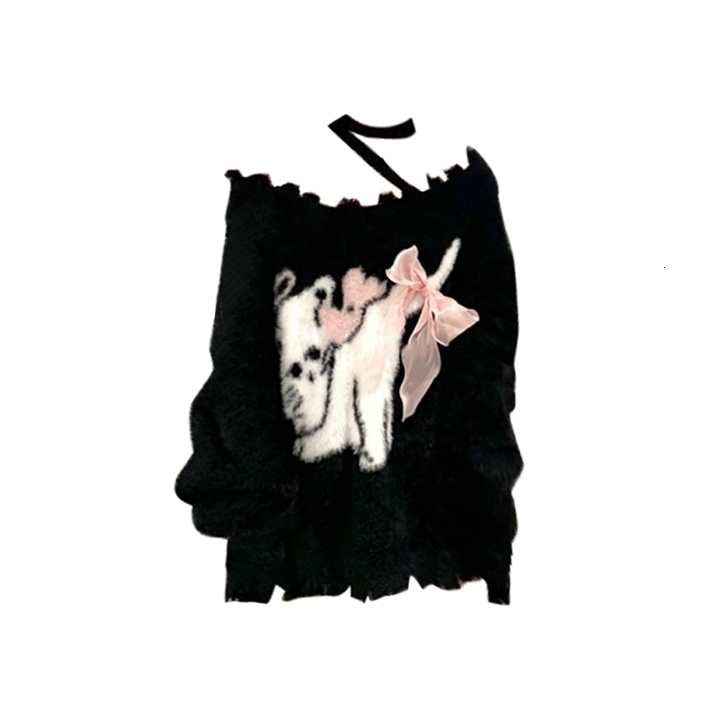 Womens Black Gothic Pullover Knitted Sweater Elegant Harajuku Y2k Long Sleeves Oversize Sweaters Jumper Vintage 2000s Clothes 240812