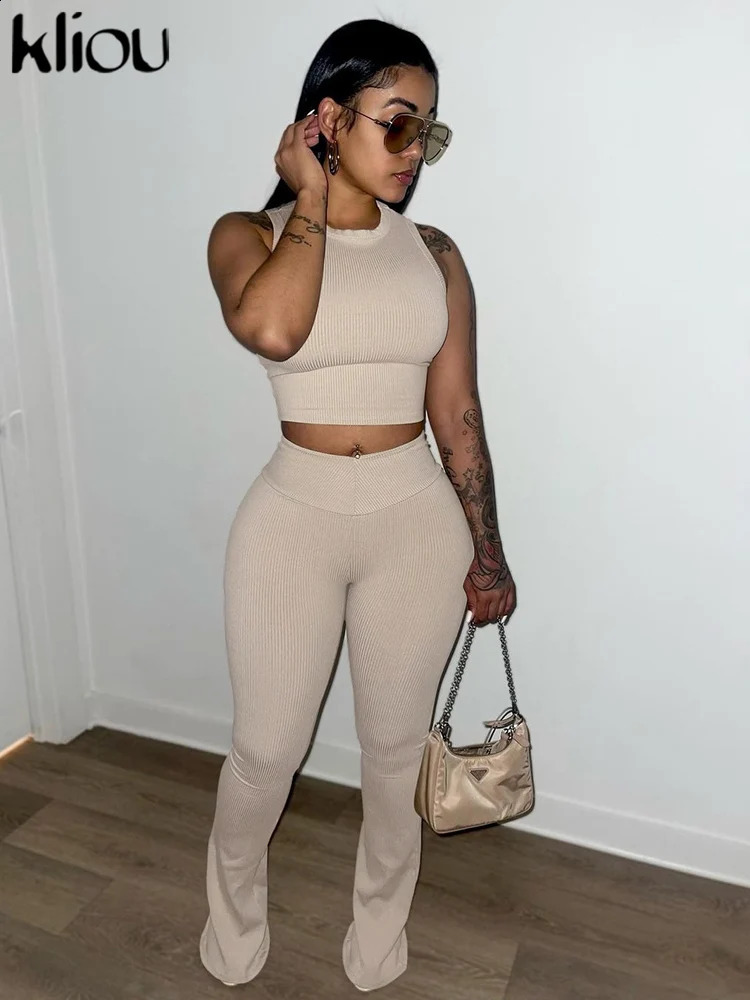 Kliou Classic Solid Simple Two Pieces Set Women Casual Sleeveless Skinny Vest Slim Flared Pants Ladies Streetwear Clothing 240813