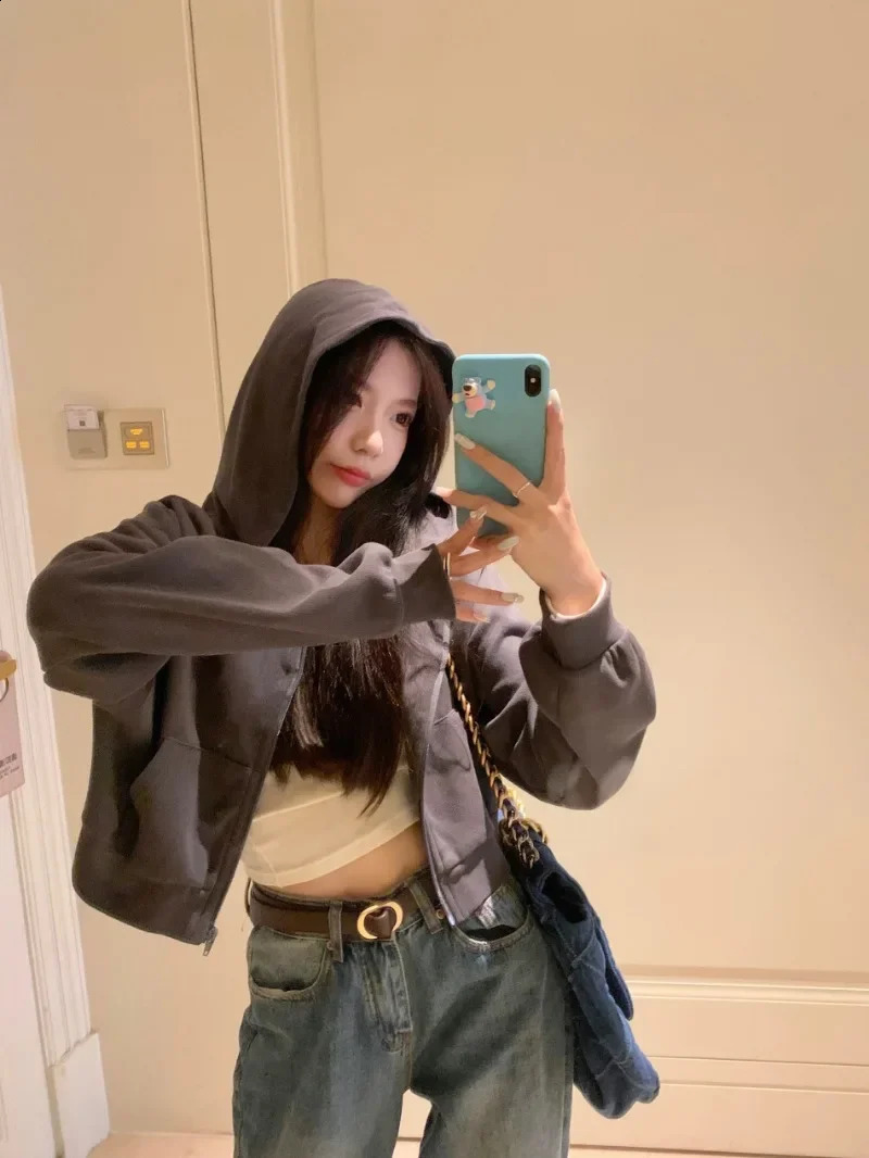 Hooded Sweatshirts Coats Women High Waist Crop Tops Solid Sudaderas Hip Hop Y2k Long Sleeve Korean Casual Zipper Pink Loose 240812