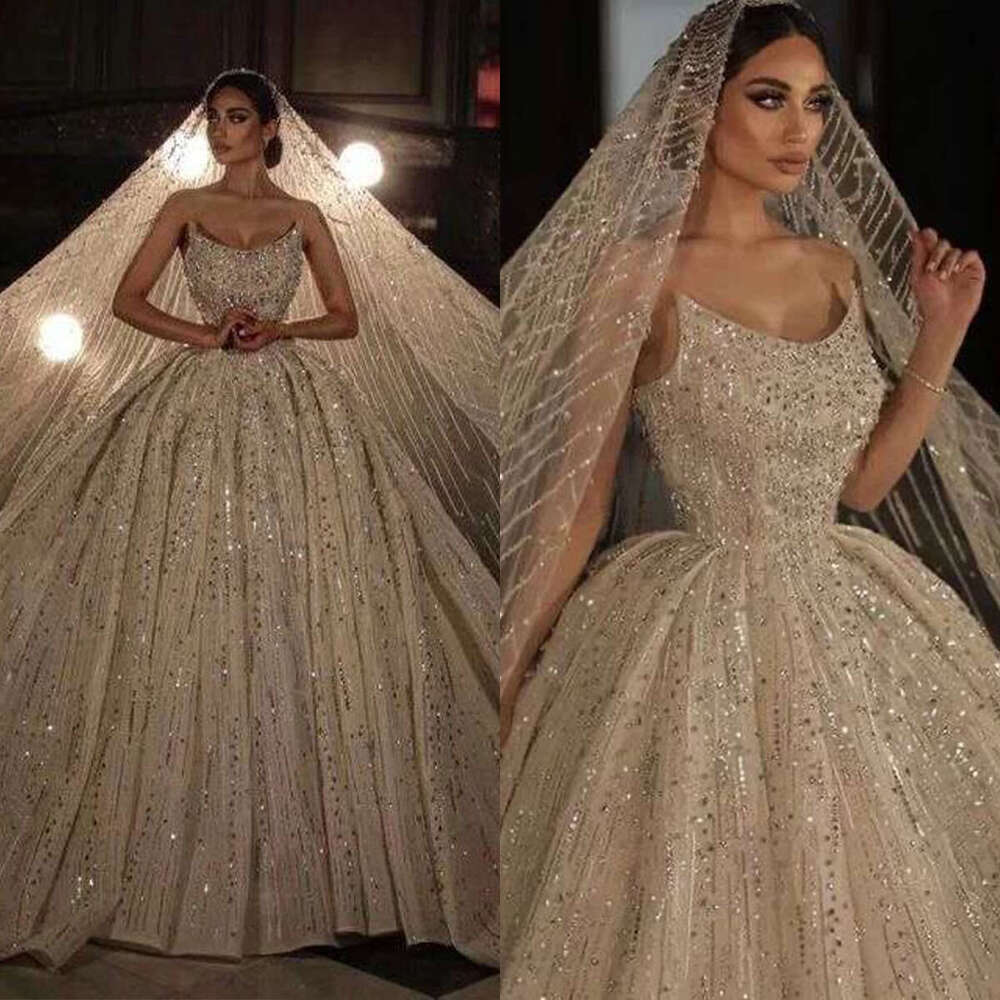 Ball Gown Wedding Dresses Include Vail Sequins Crystals Lace Bridal Gowns Brush Train Big Custom Size Colour