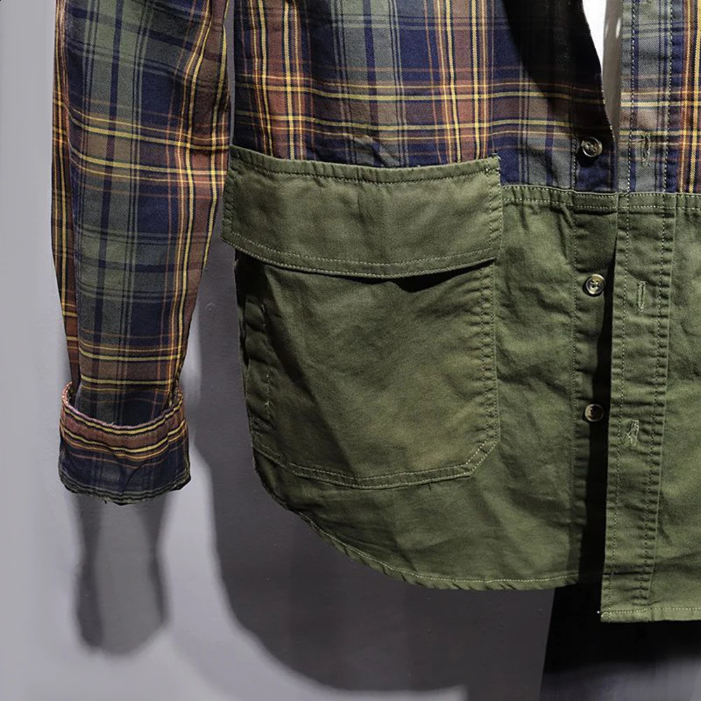 SpringSummer Mens Casual Shirt Retro Japanese Style Simple and Comfortable Splicing Long Sleeve Loose Flat 240812