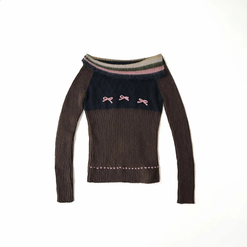 Autumn Winter Preppy Style Sweet Bow Sweater Women Slim Striped Knitted Pullover Loose Korean Fashion Brown High Street Jumper 240812