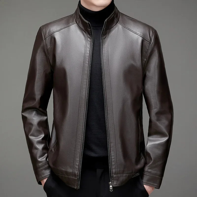 Autumn and Winter Mens Mid Life Slim Fit Short Leather Jacket Business Casual Thickened Large Coat 240813