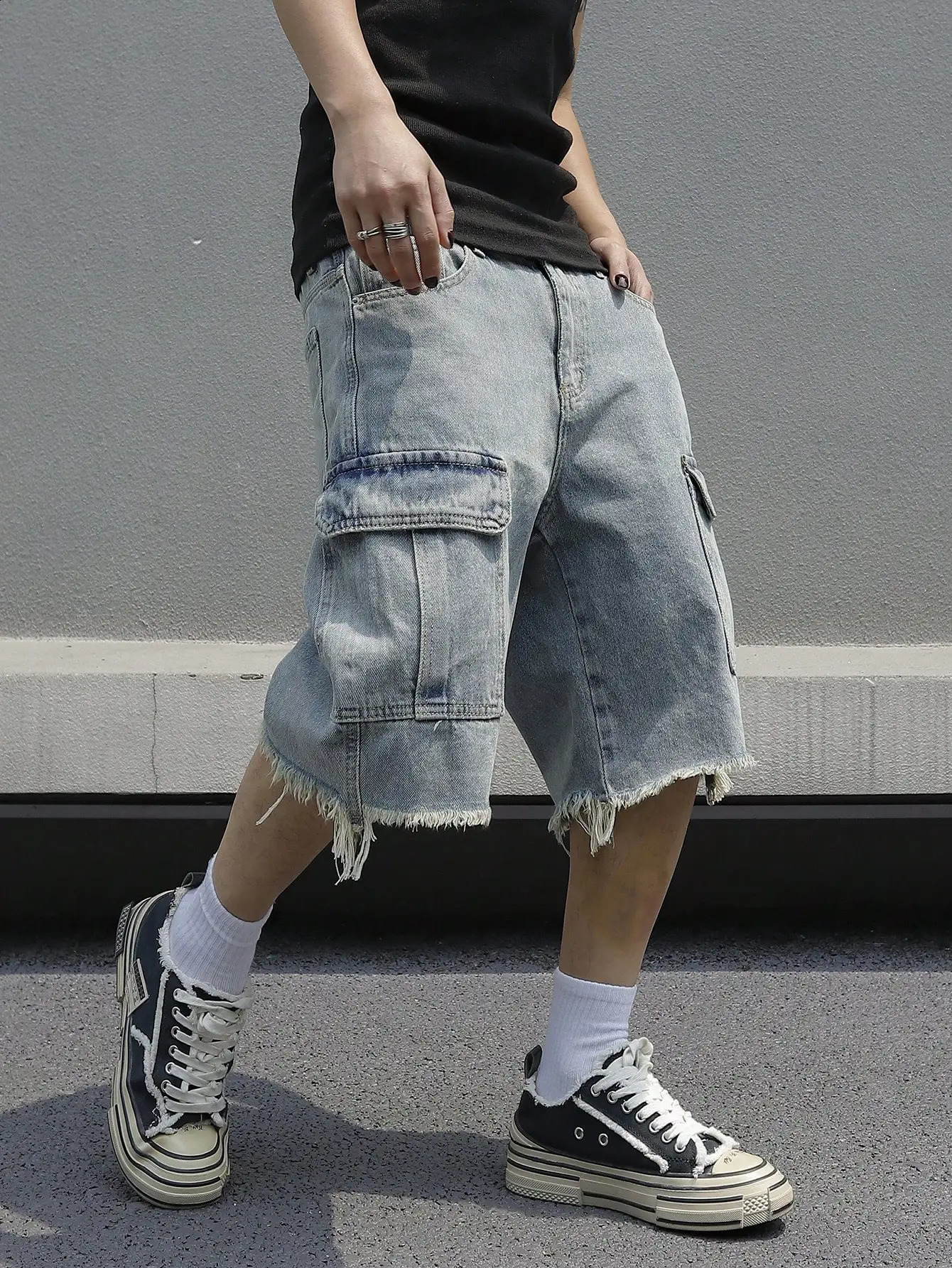 South Korean fashion mens wide leg denim shorts summer style loose casual elastic waist large pocket cargo jeans 240812