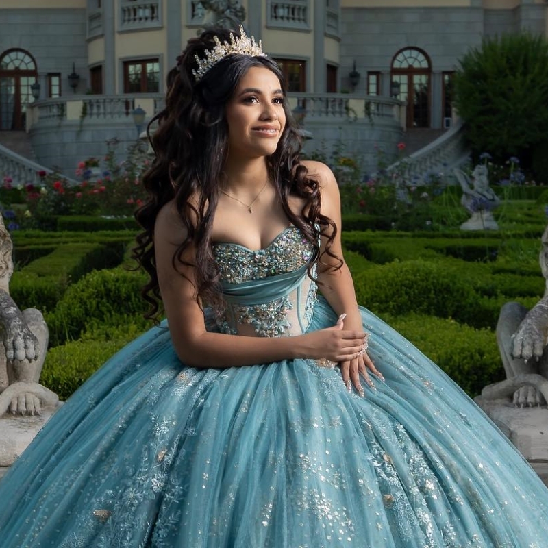Water Blue Shiny Quinceanera Dress Sweet 16 Girl Sequined Beaded Applique Lace Tull Graduatin Party Prom Dress vestidos de 15 anos