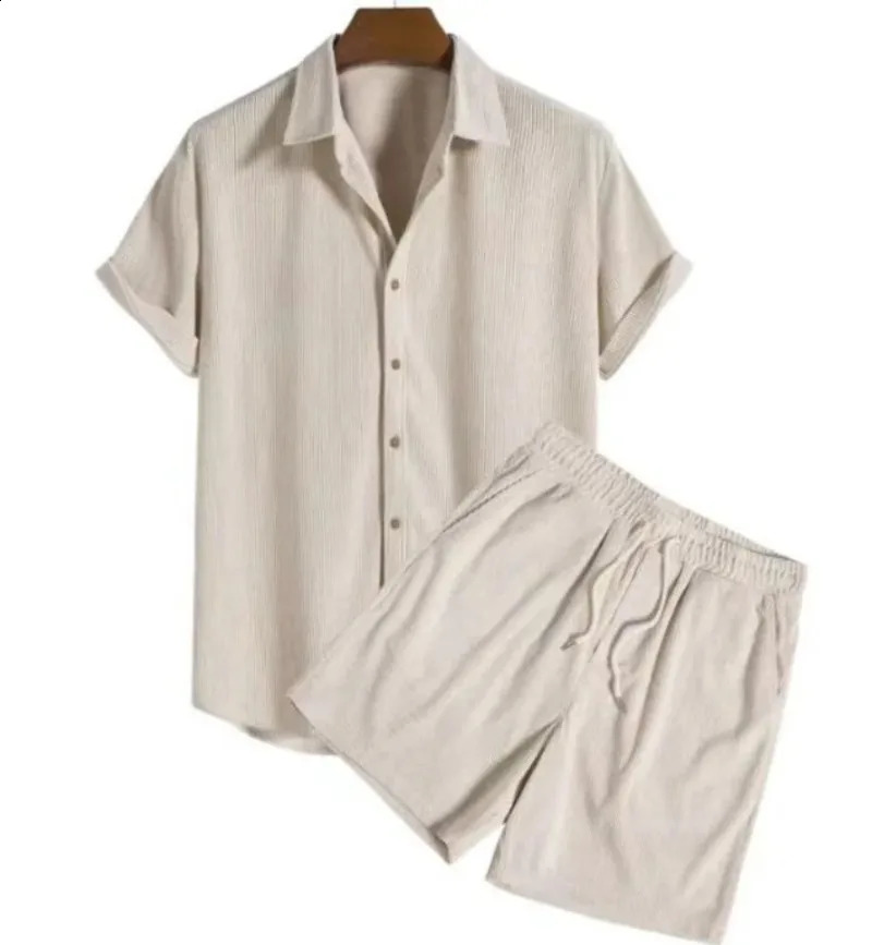 Mens casual loose multicolor beach set Corduroy short sleeved mens twopiece 240812