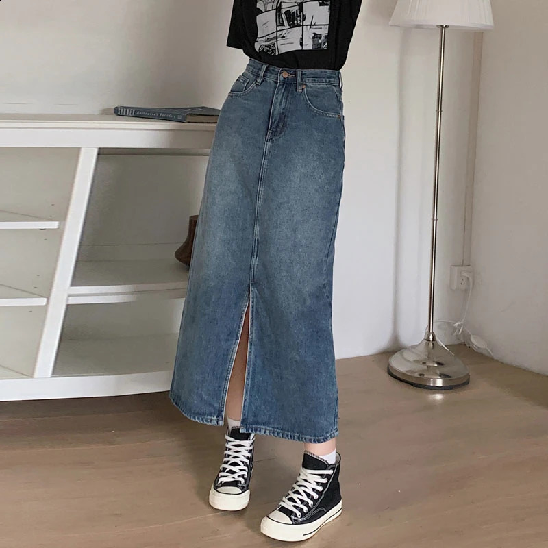 Womens Denim Wrap Skirts Retro High Waisted Split A-line Denim Skirt Autumn Fashion Straight Skirt Female 240812