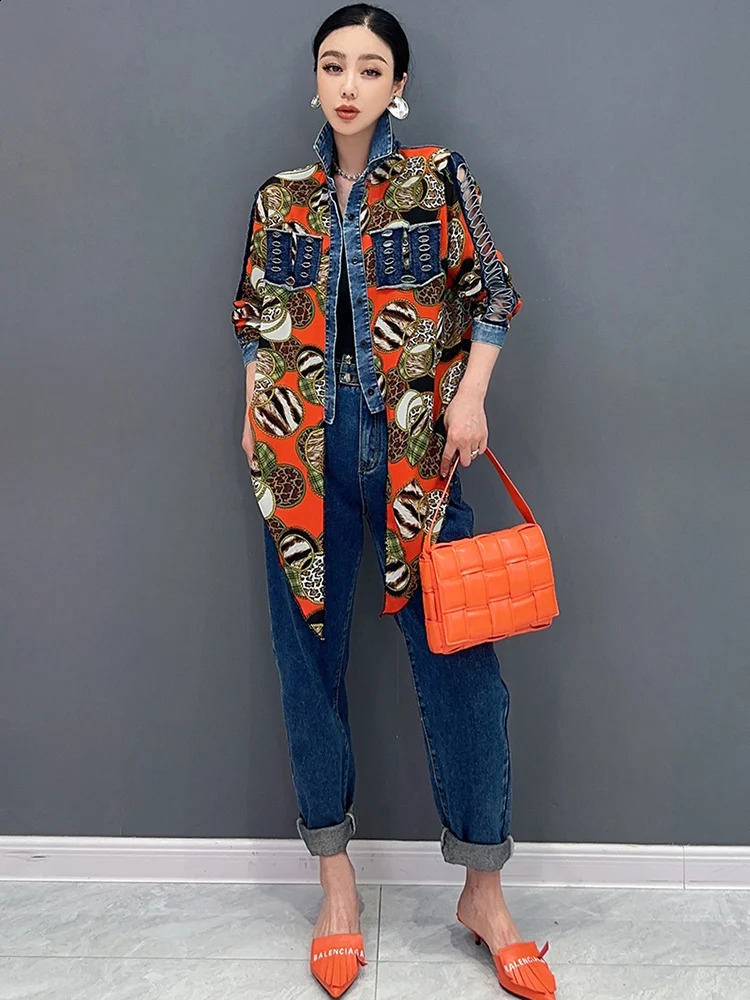 SHENGPALAE Denim Patchwork Chiffon Shirt With Tie Up 2024 Spring Summer Fashion Casual Loose Elegant Womens Clothes Top 5R9738 240812
