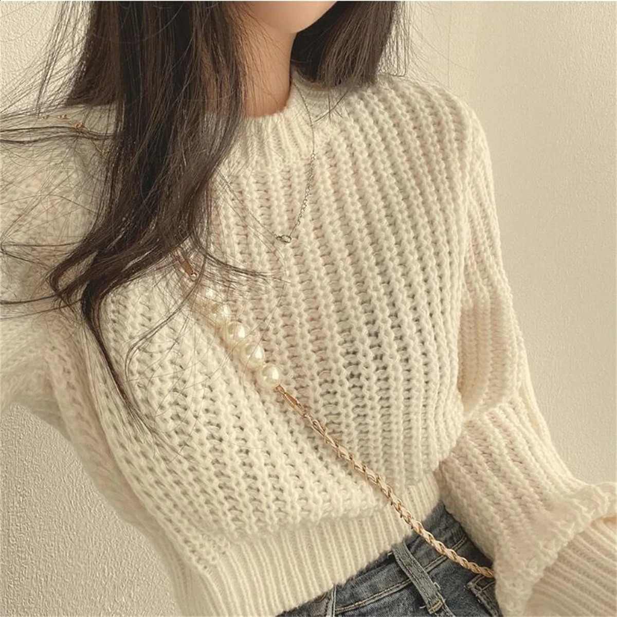 Fluffy sleeve knitted womens retro autumn and winter solid sweater Oneck loose casual top soft chic elegant pullout item 240812