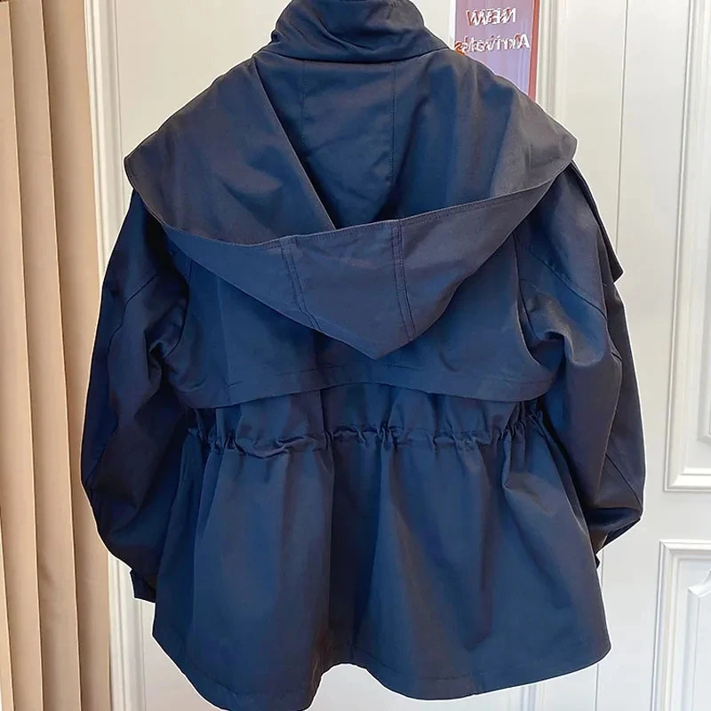 Spring Autumn Oversized Casual Waterproof Khaki Windbreaker Women Long Sleeve Hood Drawstring Zipper Jacket 240812