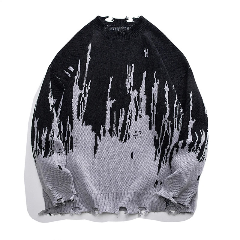 Autumn Oversize Ripped Sweater Men Jacquard Pattern Jumper Fashion Korean Street Knitted Pullovers Tops Clothing Male Plus Size 240812
