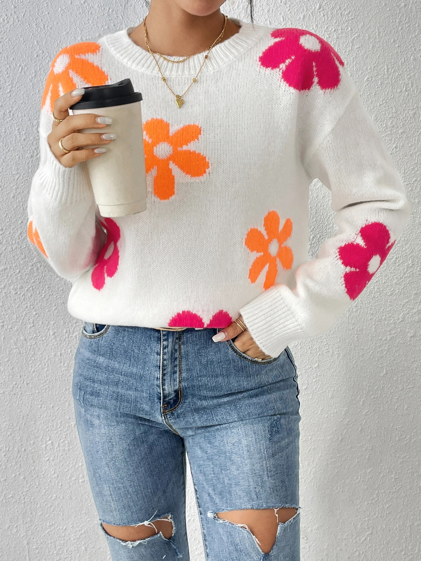 Crew-neck pullover color loose slimming long-sleeved sweater small slim fit top 240813