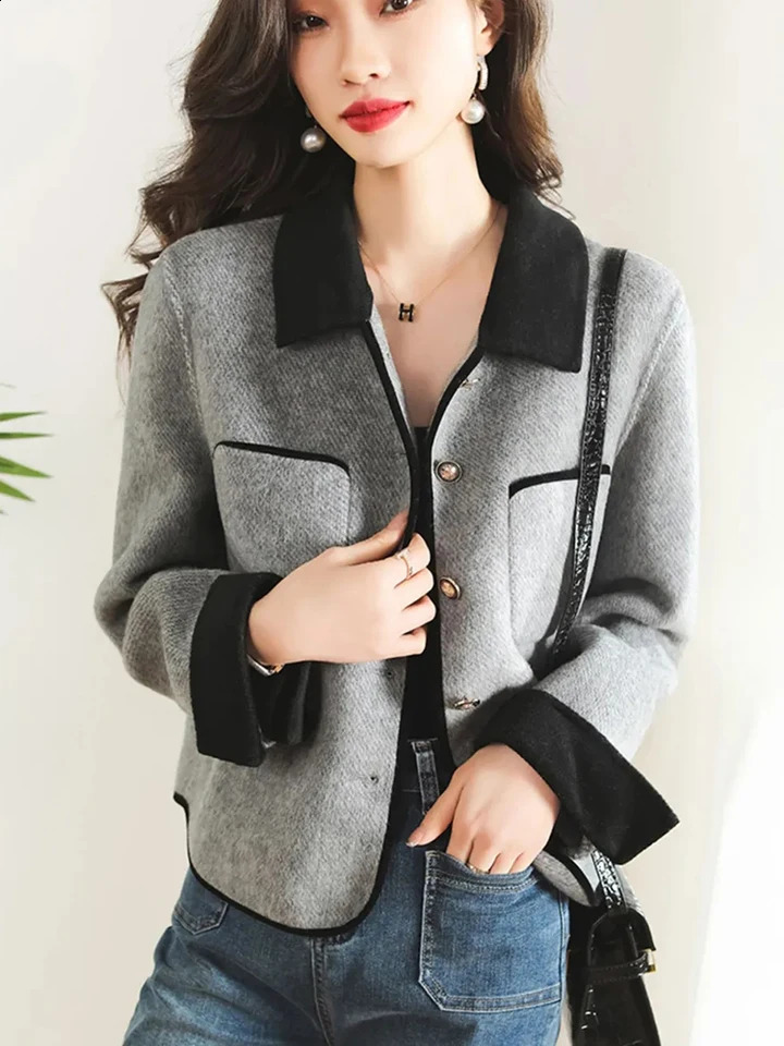 Zoki Elegant Grey Tweed Jacket Women Fashion Buttons Fall Casual Short Coat Korean Office Lady Turn Down Collar Patchwork Tops 240812