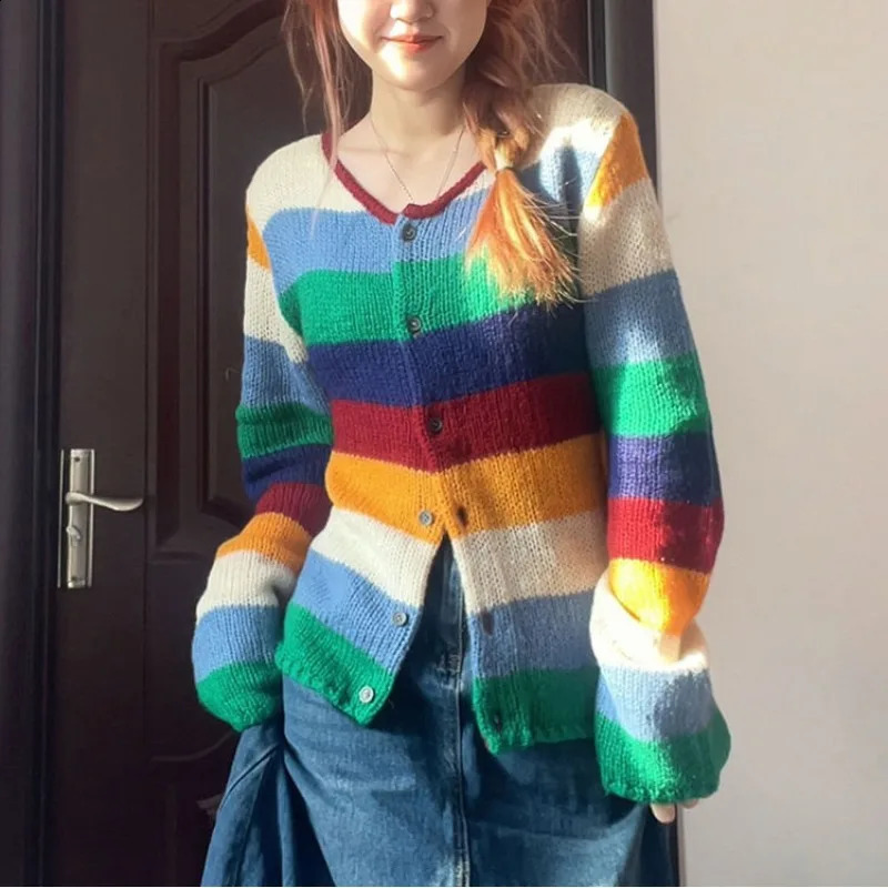 Womens Round Neck Color Sweater Spring Autumn Retro Loose All-match Striped Long Sleeved Knitted Single-breasted Cardigan Tops 240813