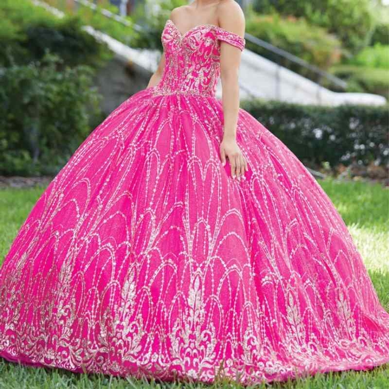 2025 Rose Red Sparkly Quinceanera Dresses Ball Gown Off The Shoulder Crystal Beads Tull Sweet 16 Dress Vestidos De 15 Girls