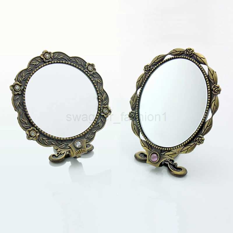 Vintage Metal Mirrors Women Handheld Long Handle Makeup Mirrors Mini Vintage Decoration Folding MirrorXJ240813