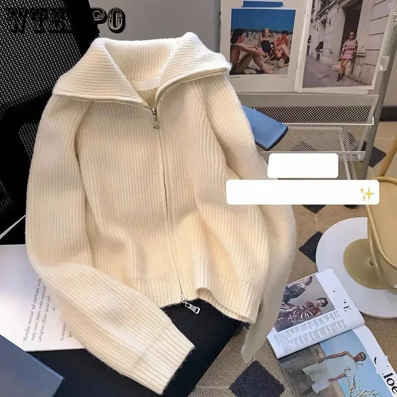 Dark Grey Knit Cardigan Double End Zipper Short Top Turndown Collar Coat Women Slim Warm Korean Fashion American Spring Fall 240820