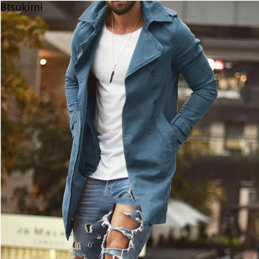 2024 Mens Lapel Trench Coat Autumn Winter Warm Overcoat Men Fashion Casual Long Sleeve Jacket Slim Button Coats For 24