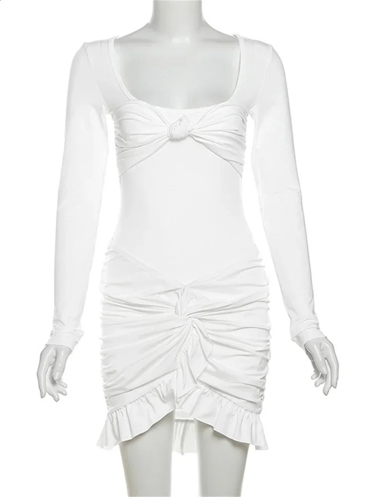 Tossy White Ruffled Fashion 2piece Womens Twisted Long Sleeve Patchwork Square Collar Set Ski 240809