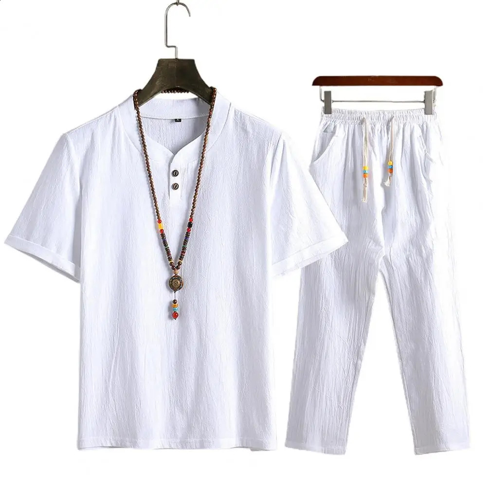 Men Casual Outfit Solid Color Homewear Chinoiserie Summer Two Piece Short Sleeve T Shirt Drawstring Pants Set Men Clothing Suit 240813