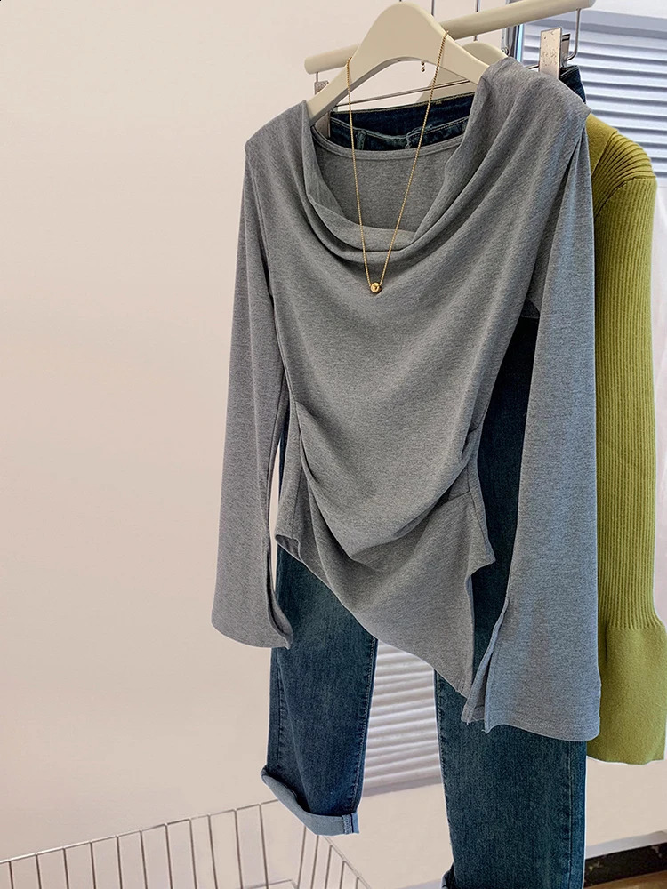 Swinging collar long sleeved Tshirt womens autumn sexy irregular ultrathin top fashion version solid color 240812