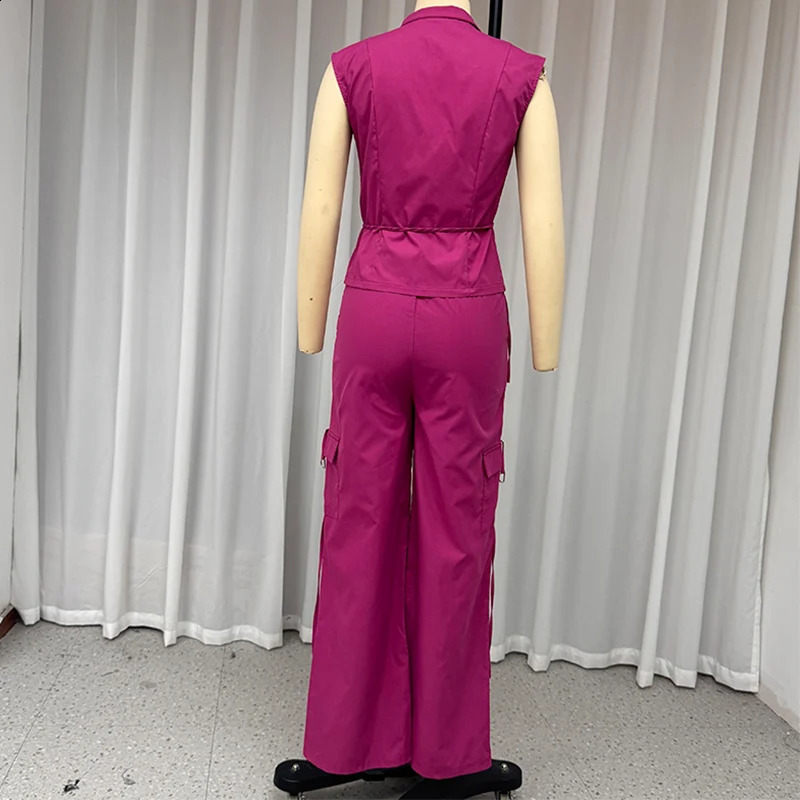 Wefads Two Piece Set Summer Women Elegant Solid Sleeveless Nipped Waist Lapel Top Loose Wide Legs Cargo Pants Sets Streetwear 240813