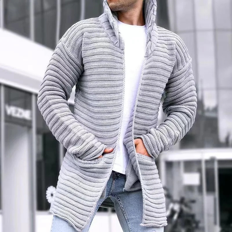 Autumn Winter Men Solid Color Knitted Sweater Turtleneck Cardigan Jacquard Long Jacket Coat LongSleeve Warm Slid Lapel Clothing 240813