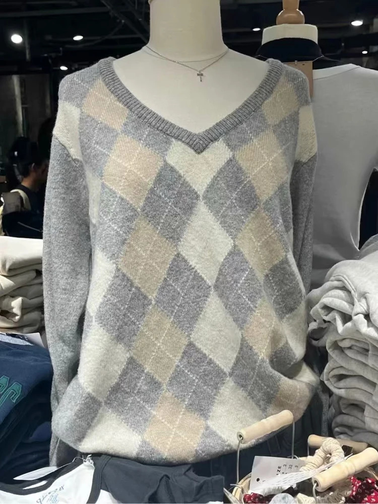 Argyle Vintage Loose Knitted Sweater Women Sweet Preppy Style V Neck Cotton Autumn Pullover Tops Harajuku Cute Y2k Sweaters Chic 240812
