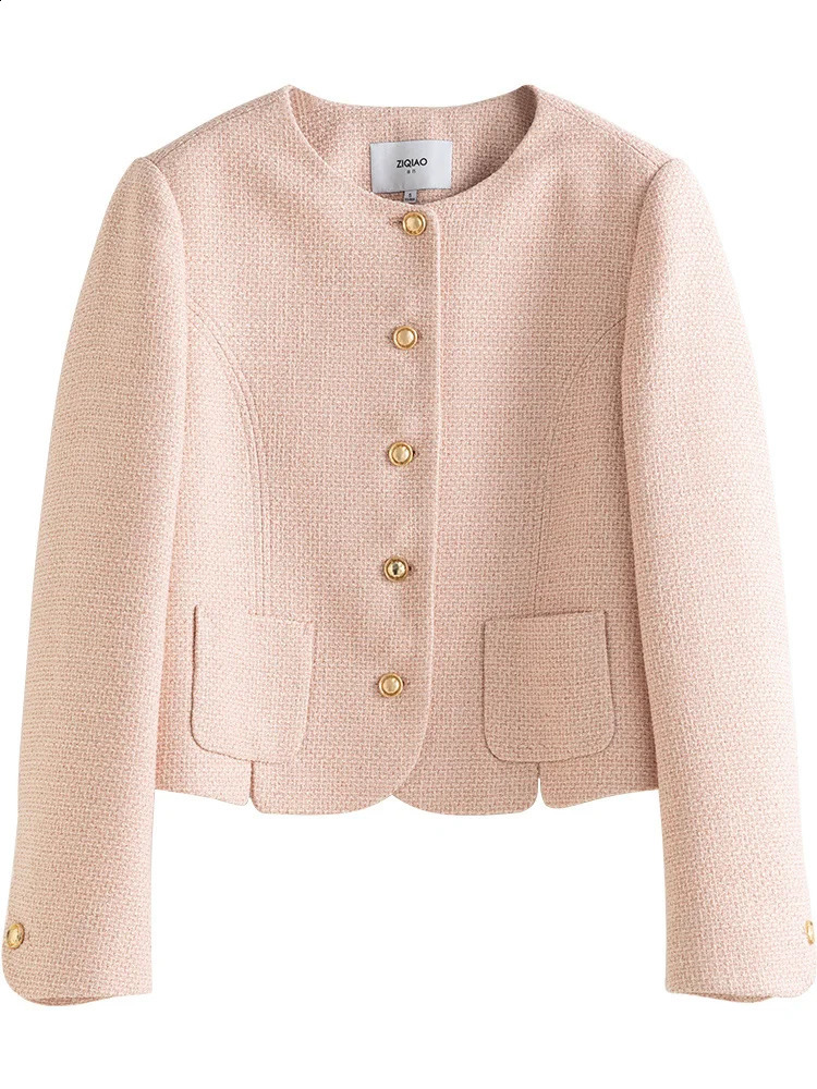 ZIQIAO Women Spring Tweed Jackets Round Neck Single Breasted Short Coats White Office Lady Straight Women Jacket 240812