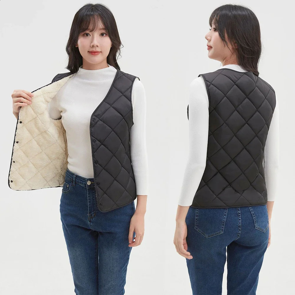 Autumn Winter Womens Ultra-thin Cotton Vest Sleeveless V-neck Warm Padded Fleece Quilted Vest Diamond Pattern Coat M-4XL 240813