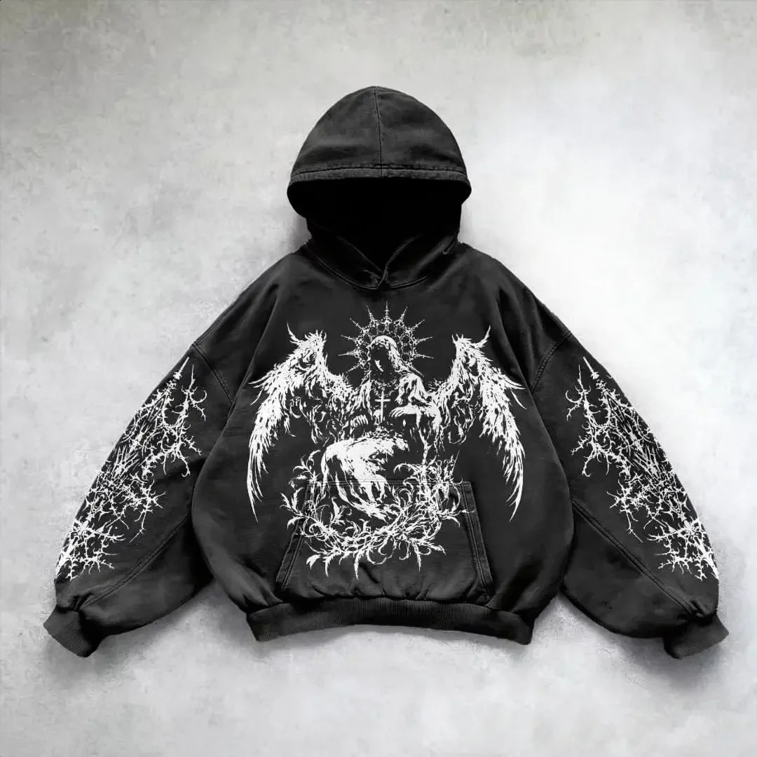 Y2K Harajuku 90s Retro Punk Solid Color Printed Mens Casual Hoodie American Gothic Fashion Couple Casual Hoodie240812