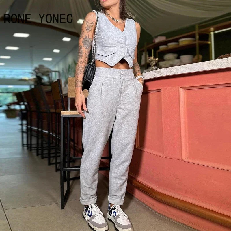 V-Neck Buttoned Vest Top Pants Set Women Two Pieces Suits 240813