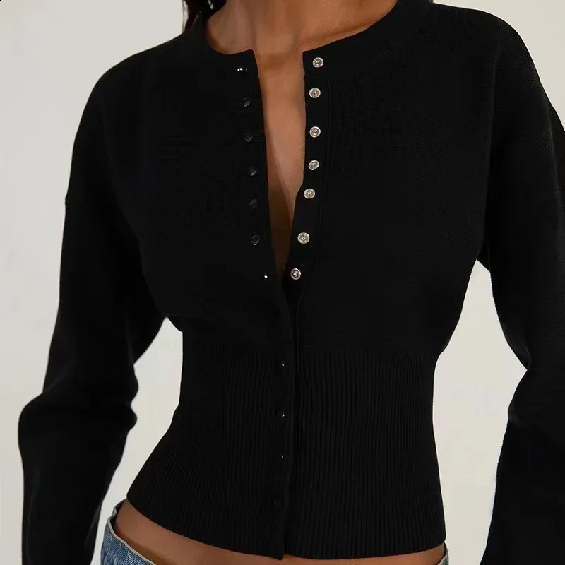 Lace knitted cardigan Tshirt long sleeved womens slim fit Oneck crop top button Korean fashion sweater 240812